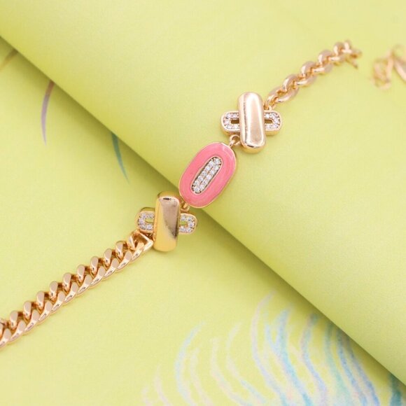 "Rose Gold Bracelet with Pink Enamel and Crystal Accents, XPBL0815 - Picture 6 of 12